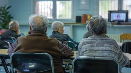 Naklejka premium A workshop where elderly learn to use AIassisted devices, showing the integration of technology in everyday life