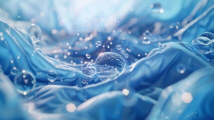 A close-up view of water splashes and droplets in motion, highlighting the dynamic and refreshing nature of water in a serene blue environment.