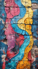Obraz premium Colorful abstract painting on a weathered, cracked wooden surface with vibrant lines and a rustic, textured appearance.