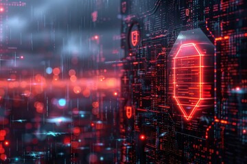 Obraz premium Concept art of a digital fortress shielded by advanced cybersecurity measures, set against a backdrop of digital rain