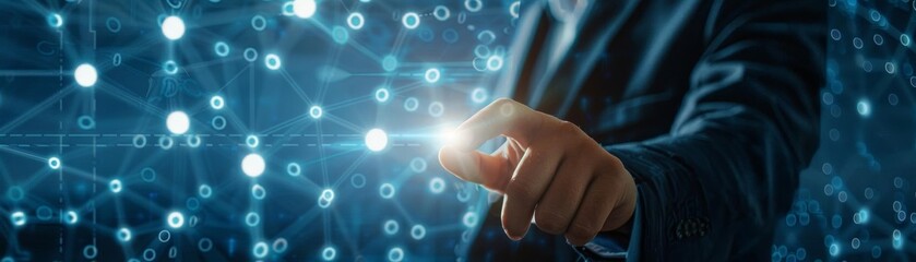 Corporate professional in a hightech lab touching a virtual button to connect solar panels across a network