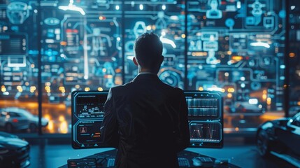 Corporate professional in a bluetoned room, using a digital interface to manage a fleet of hybrid vehicles