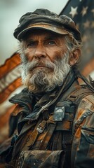 Fototapeta premium Elderly man with a rugged appearance and white beard, wearing a weathered cap and jacket, with a flag in the background.
