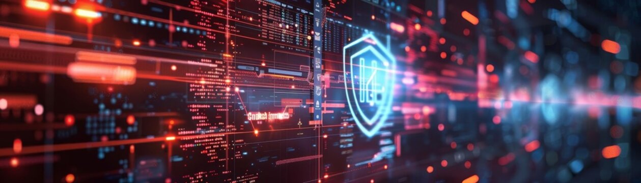 Corporate presentation of a cybersecurity strategy, visualized through a scifi themed animation of shields and digital battlegrounds