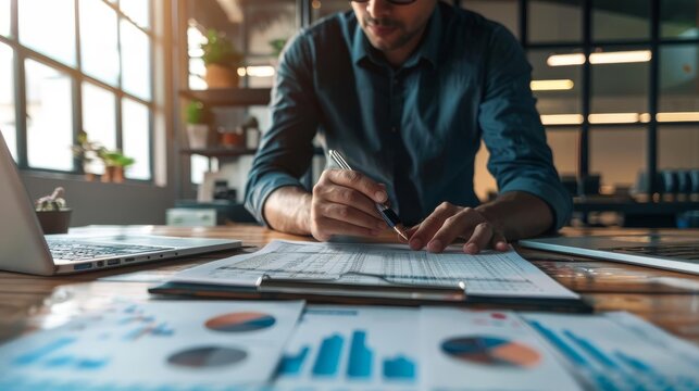 Corporate treasurer reviewing company financial statements on a large desktop, preparing for a quarterly review