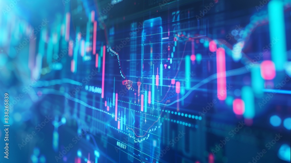 Poster future-oriented blockchain network hud background with polygonal blocks and growing stock chart. glo