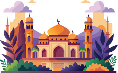 Flat style Mosque isolated on clear background. Vector Illustration. Eid Mubarak greetings. Ramadan Kareem.