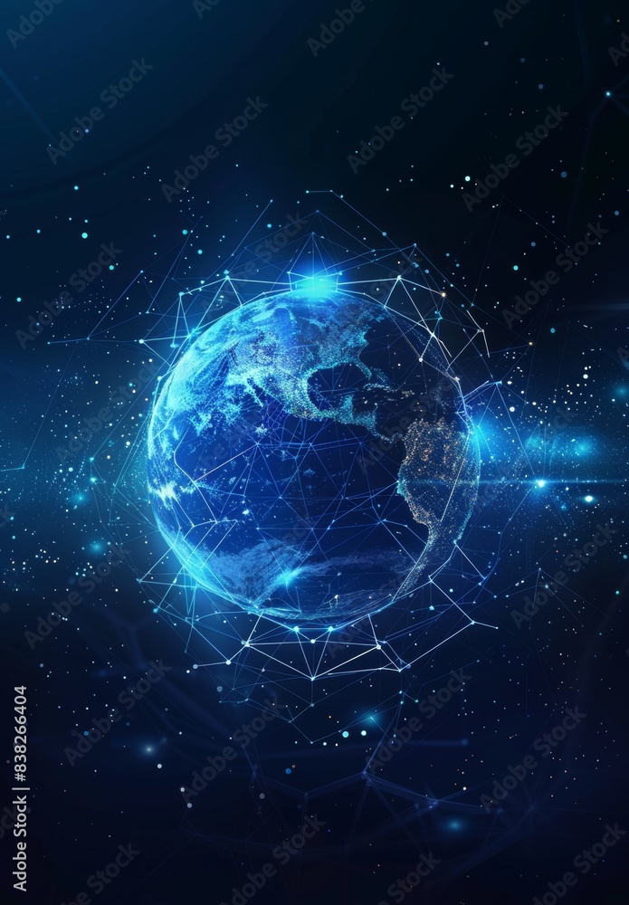 Poster blockchain technology futuristic hud background with world globe and blockchain polygon peer-to-peer