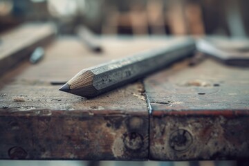Vintage carpenter pencil with a flat edge on a workbench, front view, showcasing craftsmanship and utility, robotic tone, Monochromatic Color Scheme