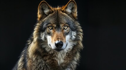 Fototapeta premium majestic adult wolf with piercing gaze isolated on black background animal portrait