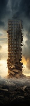  A crumbling skyscraper stands against a dramatic sky, a haunting reminder of a lost civilization.