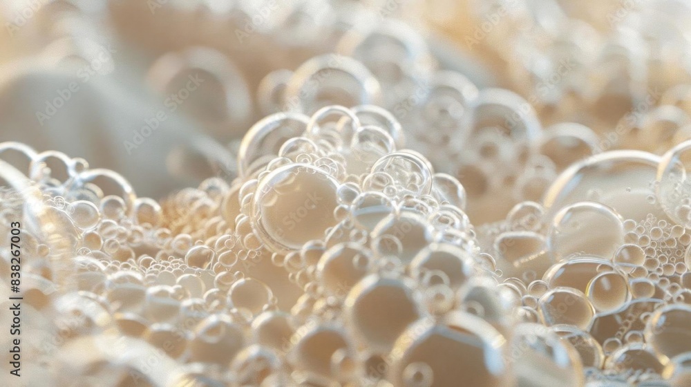 Poster Close-up of foam bubbles creating a delicate and abstract pattern with light reflections and soft background tones.