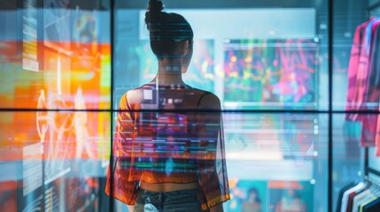 A fashion designer using AI to predict upcoming trends, with software analyzing patterns and colors