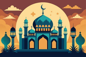 Flat style Mosque isolated on clear background. Vector Illustration. Eid Mubarak greetings. Ramadan Kareem.