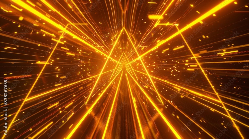 Poster dynamic abstract art featuring vibrant orange light beams, creating a futuristic sci-fi atmosphere w