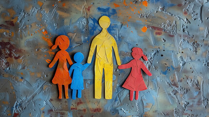 A Family. colorful paper cut-out figures representing a family, set against a textured background. composition symbolizes togetherness, creativity, and the bond between parents and children.