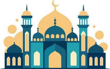 Flat style Mosque isolated on clear background. Vector Illustration. Eid Mubarak greetings. Ramadan Kareem.