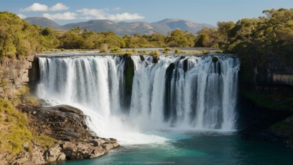 Obraz premium A majestic waterfall cascading down from rocky cliffs surrounded by lush green vegetation, and mountains in the background under a clear sky.