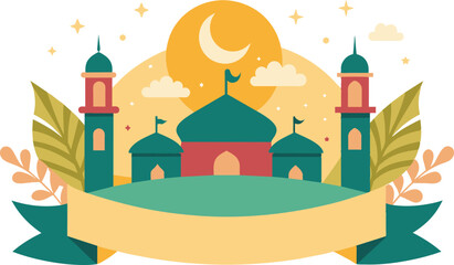 Fototapeta premium Flat style Mosque isolated on clear background. Vector Illustration. Eid Mubarak greetings. Ramadan Kareem.