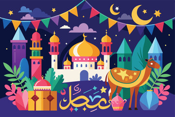 Fototapeta premium Flat style Mosque isolated on clear background. Vector Illustration. Eid Mubarak greetings. Ramadan Kareem.