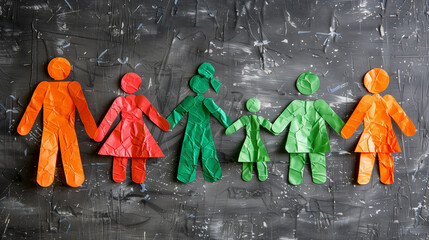 Six paper figures in different colors stand together, holding hands against a textured background. This image symbolizes togetherness, diversity, and cooperation. Family