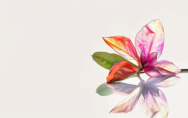 Naklejka premium A flower with green leaves and pink petals is reflected in a mirror