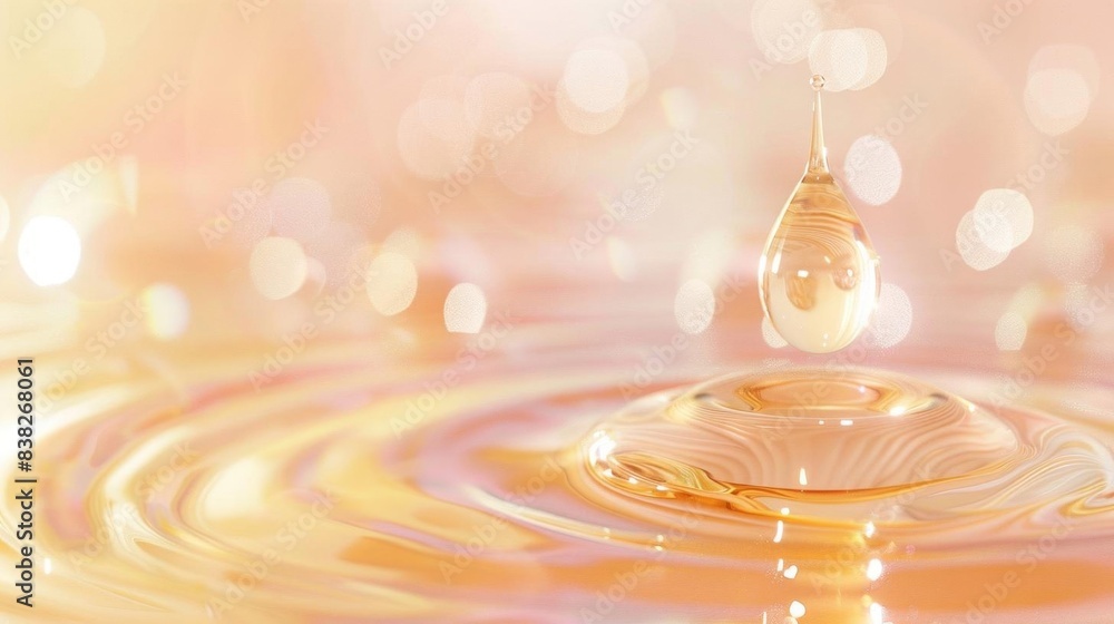 Poster golden water droplet ripple on a smooth surface creating concentric circles, set against a dreamy ab
