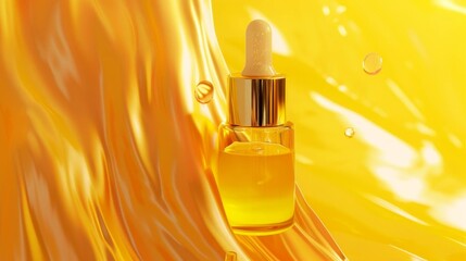 Naklejka premium Golden serum bottle with dropper amid flowing, glistening liquid background, symbolizing luxury skincare and beauty products.