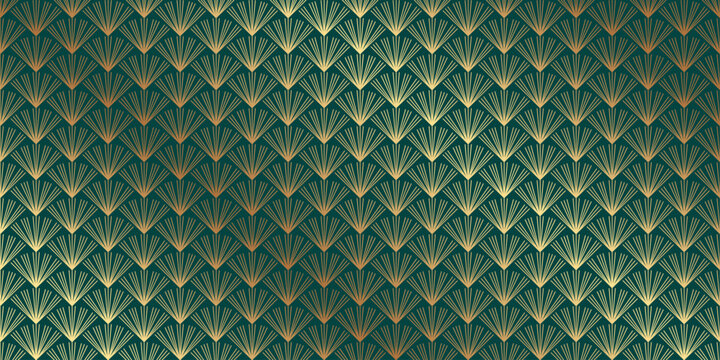 Modern geometric luxury green background with golden geometric mosaic in art deco style.
