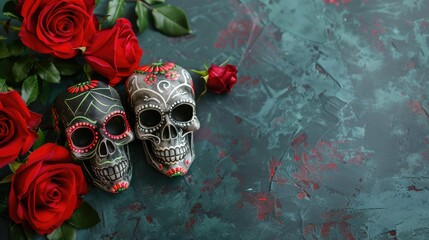 Mexican style sugar skull and red roses AI generated