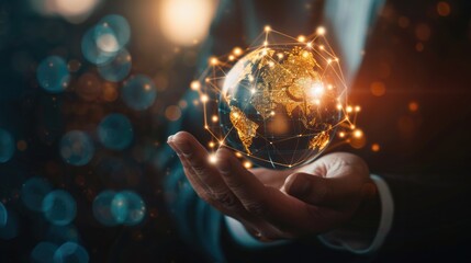 Fototapeta premium Global Supply Chain Network: Businessperson Holding Holographic Globe