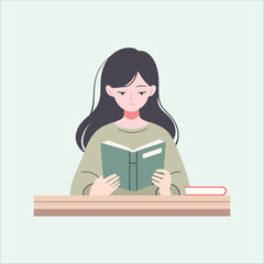 Young woman sitting reading book flat style vector illustration