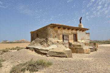 Abandoned building in the desert of Bardenas Reales in Spain Navarra province