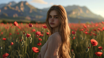 Naklejka premium A young woman with long blonde hair stands in a field of red poppies with mountains in the background. The scene is bathed in soft, golden sunlight, creating a serene and picturesque atmosphere.