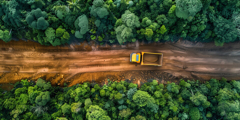 A top-down perspective of a truck navigating a curving path surrounded by thick, verdant trees, illustrating the journey through a secluded, forested landscape - Generative AI