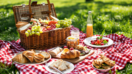 Fototapeta premium A picnic setup on a red checkered blanket with a wicker basket filled with grapes, apples, and bread. The spread includes croissants, bread slices, a salad