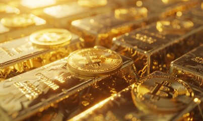 A gold bitcoin coin on a classic ingot, along with the concept of a cryptocurrency and an economy.
