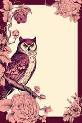 Fototapeta premium A wise owl perched on a branch surrounded by delicate pink flowers, creating a beautiful and elegant composition.