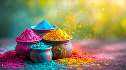Colorful Holi powder pots arranged on a table,