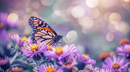 Obraz premium Monarch butterfly on purple aster flower in summer floral background AI generated