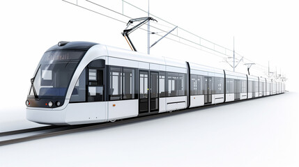 Modern white tram on tracks with overhead power lines, isolated on white background.