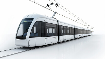 A modern white tram with large windows traveling on a rail track. The tram is sleek and futuristic in design, with overhead electric lines visible.