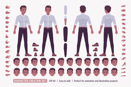 Young dark skinned brunette man, handsome businessman smart office outfit DIY character creation set. Male body figure parts. Head, leg, hand gestures, emotions, construction kit. Vector illustration
