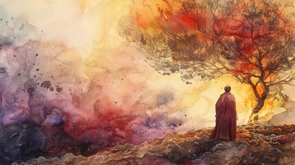 moses standing before the burning bush a powerful biblical scene captured in watercolor
