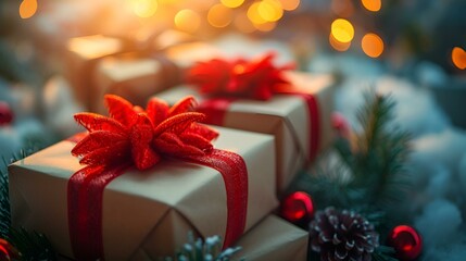 Christmas tree adorned with gifts wrapped in red bows.