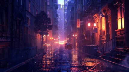 Fototapeta premium mysterious evening street illuminated by glowing lamps atmospheric aigenerated cityscape