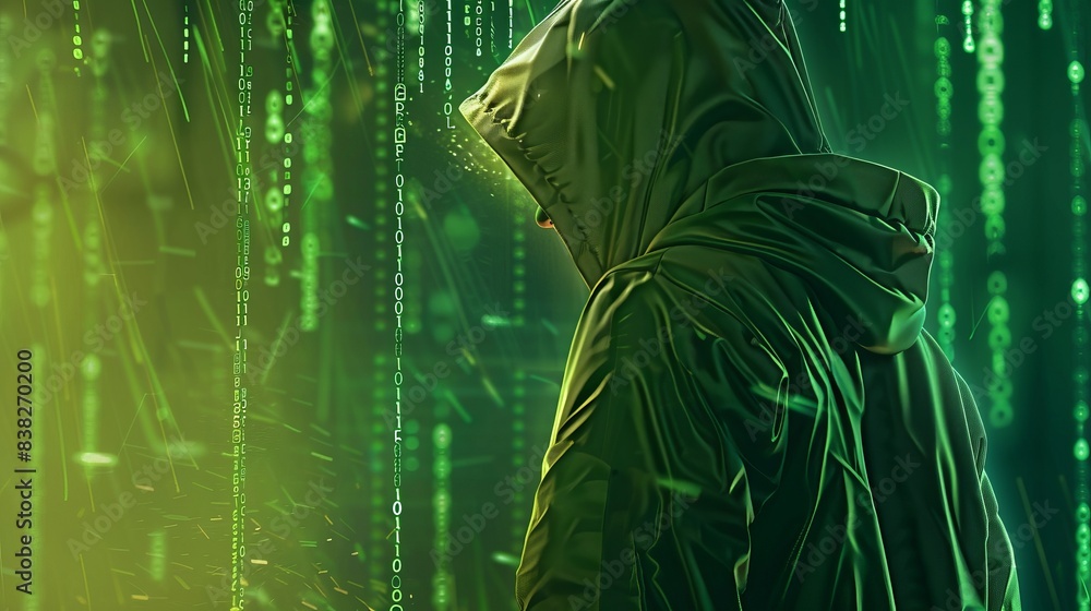 Poster hacker in a dark hooded jacket surrounded by glowing green binary code with cinematic lighting and s