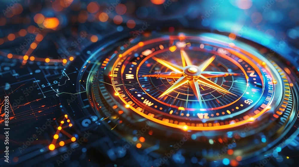 Poster navigating business strategies with digital compass and data visualization conceptual 3d illustratio
