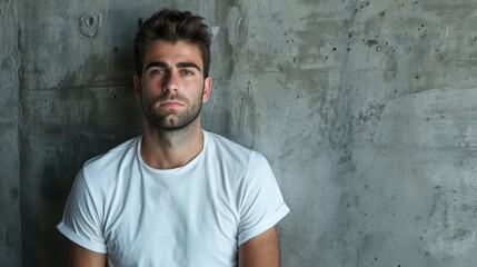 Fototapeta premium pensive man against concrete wall thoughtful young male with stubble wearing a white tshirt positioned in front of a textured industrial concrete background portrait photography