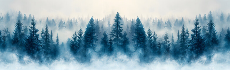 Fototapeta premium Seamless long strip with painted watercolour winter landscape with mountains, pine and fir trees in blue, purple and pink tones. 